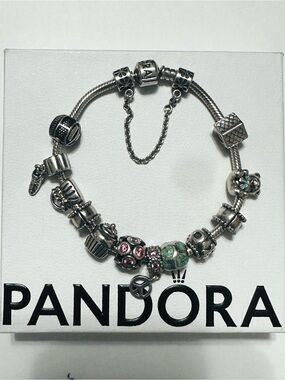 Pandora Silver Charm Bracelet with Pink and Blue Accents